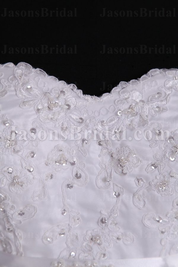 A-line Sweetheart Beaded Appliques Jeweled Ribbon Dropped Sweep Train Organza over Satin Wedding Dresses