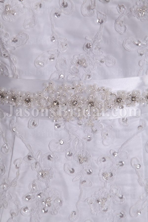 A-line Sweetheart Beaded Appliques Jeweled Ribbon Dropped Sweep Train Organza over Satin Wedding Dresses
