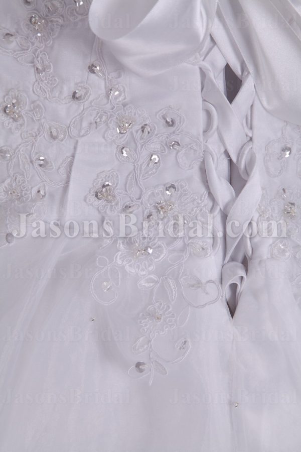 A-line Sweetheart Beaded Appliques Jeweled Ribbon Dropped Sweep Train Organza over Satin Wedding Dresses