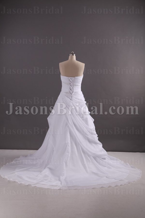 A-line Sweetheart Beaded Ruched Asymmetrical Draped Corset Chapel Train Chiffon Wedding Dresses