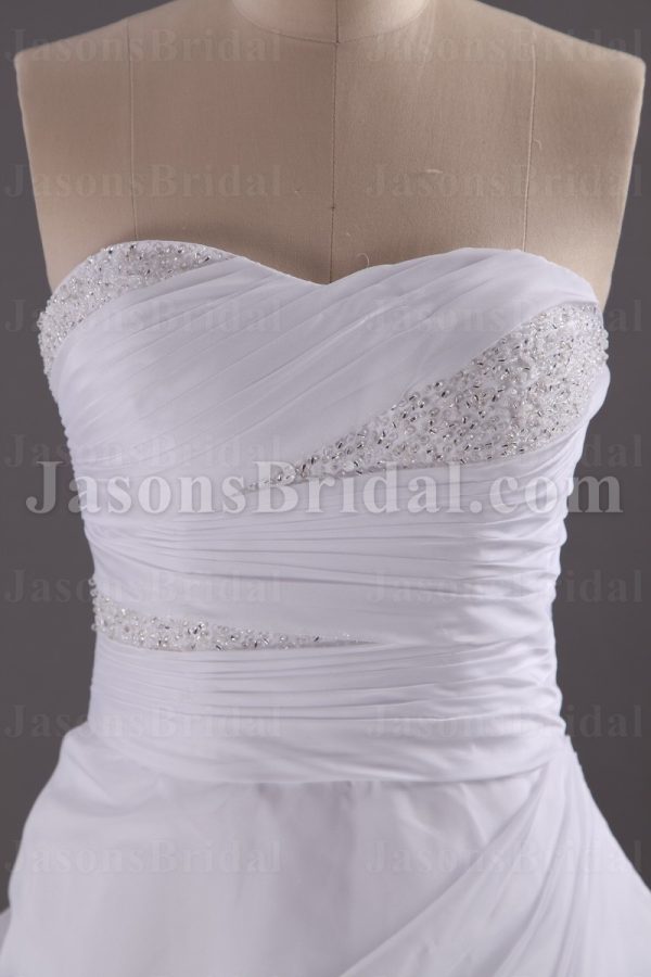 A-line Sweetheart Beaded Ruched Asymmetrical Draped Corset Chapel Train Chiffon Wedding Dresses