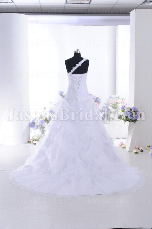 A-line One-shoulder Beaded Appliques Sweetheart Ruched Asymmetrical Pleated Pick-up Chapel Train Organza Wedding Dresses