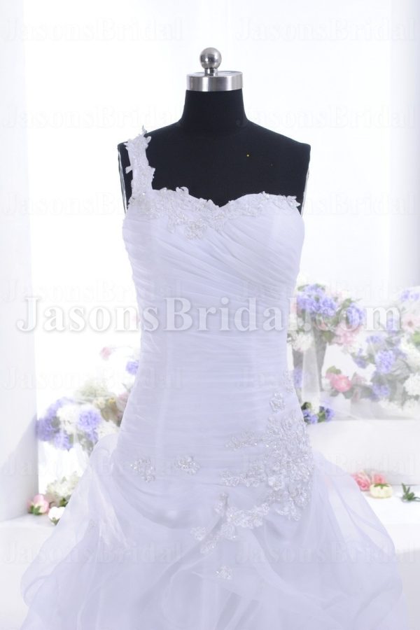 A-line One-shoulder Beaded Appliques Sweetheart Ruched Asymmetrical Pleated Pick-up Chapel Train Organza Wedding Dresses