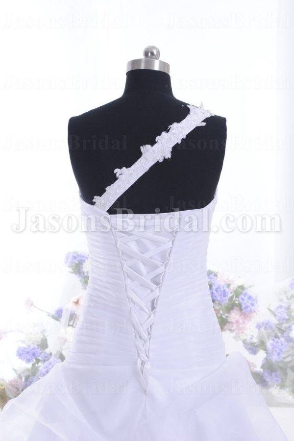 A-line One-shoulder Beaded Appliques Sweetheart Ruched Asymmetrical Pleated Pick-up Chapel Train Organza Wedding Dresses