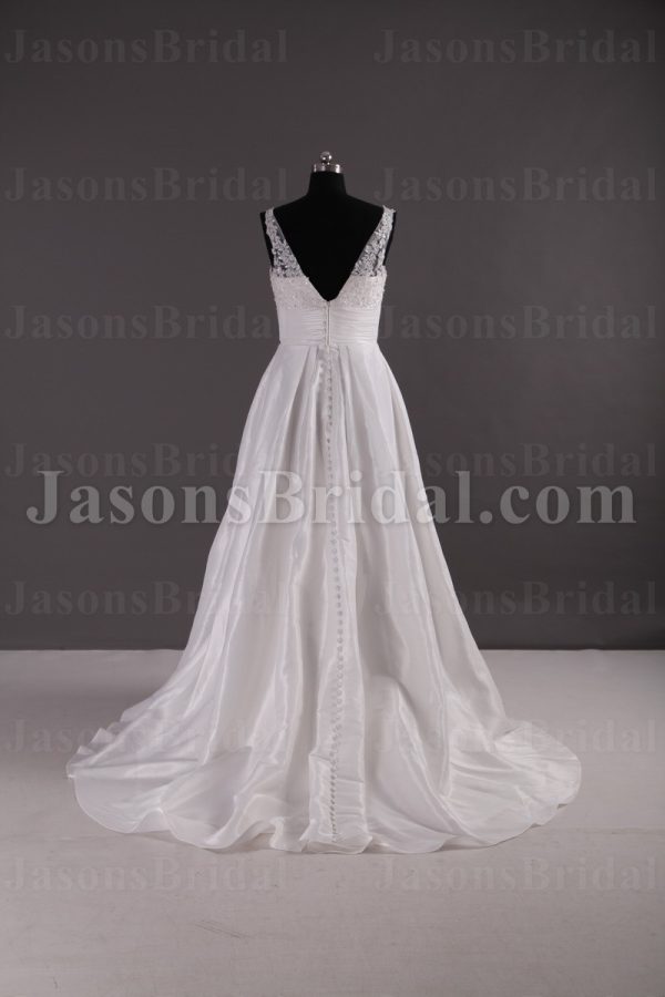 A-line Sleeveless Deep V-neck Beaded Appliques Ruched Belt Sweep Train Pleated Satin Wedding Dresses
