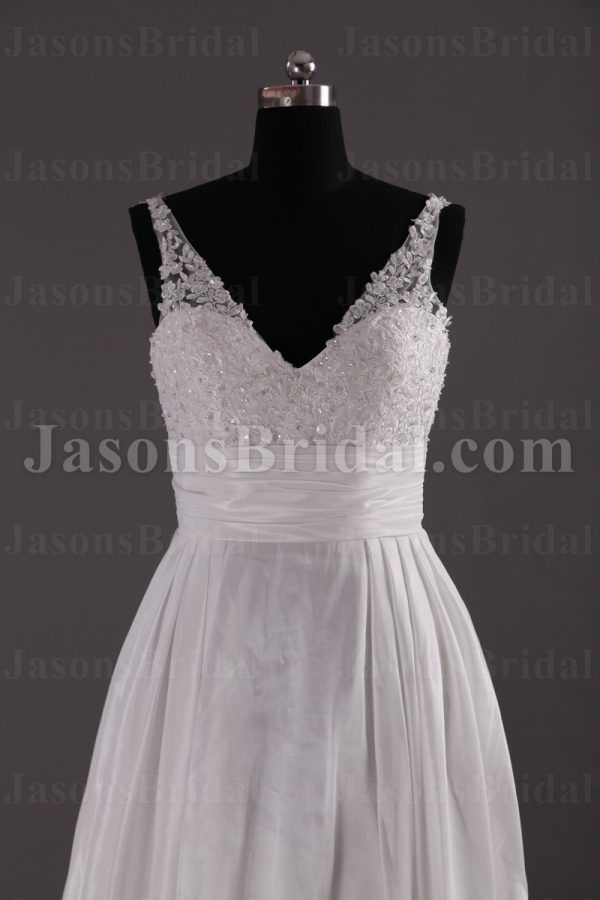 A-line Sleeveless Deep V-neck Beaded Appliques Ruched Belt Sweep Train Pleated Satin Wedding Dresses