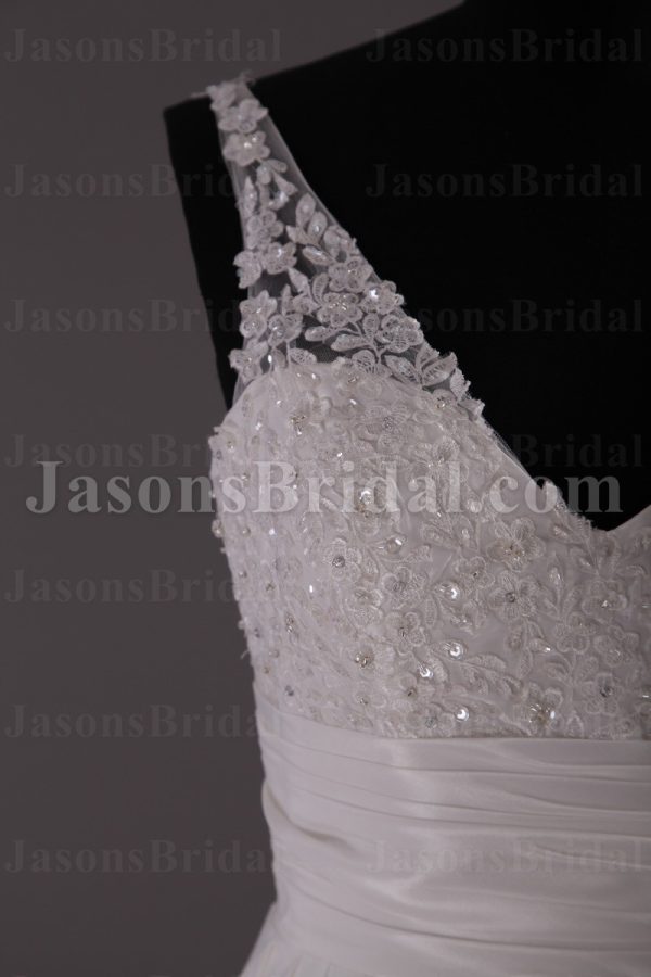 A-line Sleeveless Deep V-neck Beaded Appliques Ruched Belt Sweep Train Pleated Satin Wedding Dresses