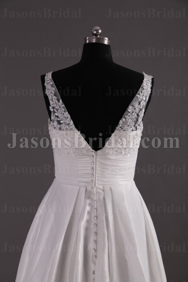 A-line Sleeveless Deep V-neck Beaded Appliques Ruched Belt Sweep Train Pleated Satin Wedding Dresses