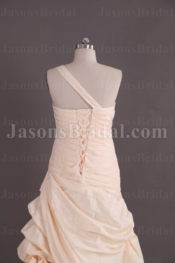 Fit-and-Flare One-shoulder Sweetheart Ruched Asymmetrical Pleated Sweep Train Satin Wedding Dresses