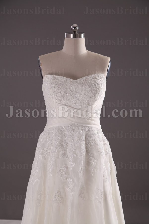 A-line Sweetheart Beaded Appliques Crossed Ruched Belts Floor Length Organza Wedding Dresses