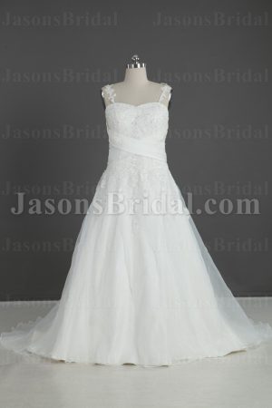 A-line Appliqued Spaghetti Sweetheart Beaded Appliques Crossed Ruched Belts Sweep Train Organza over Satin Wedding Dresses