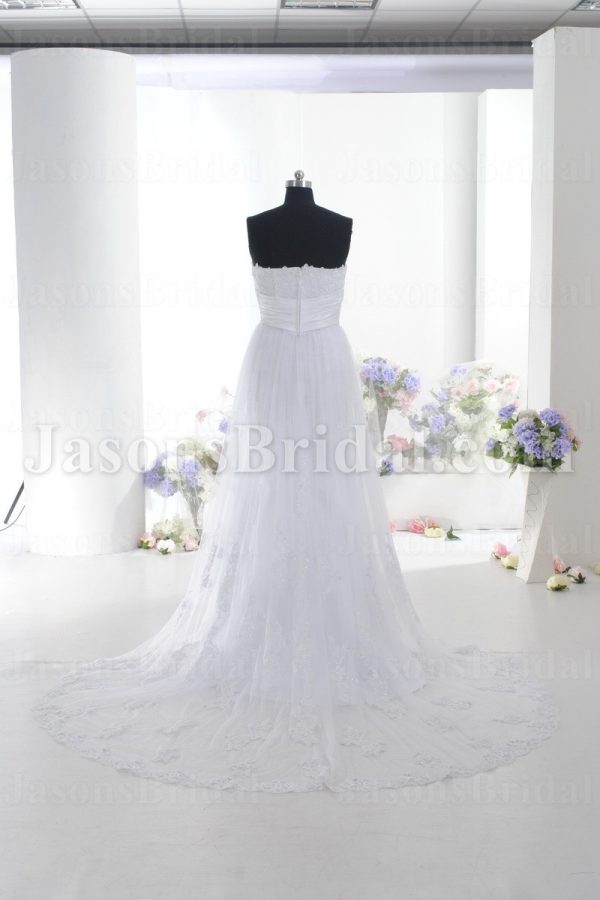 Elegant A-line Scalloped Appliqued Sweetheart Ruched Belt Sweep Train Tulle Lace Wedding Dresses