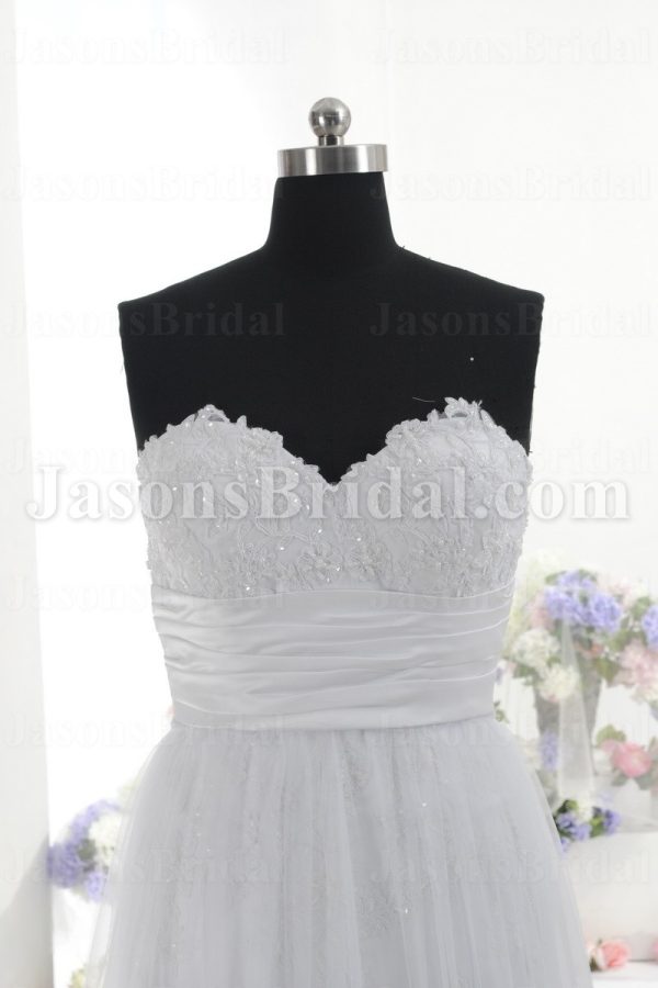 Elegant A-line Scalloped Appliqued Sweetheart Ruched Belt Sweep Train Tulle Lace Wedding Dresses