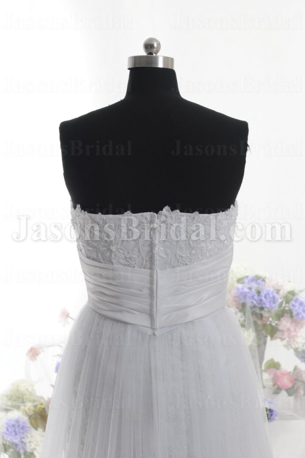 Elegant A-line Scalloped Appliqued Sweetheart Ruched Belt Sweep Train Tulle Lace Wedding Dresses