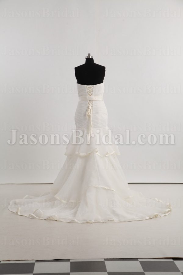 Fit-and-Flare Sweetheart Ruched Asymmetrical Pleated Jeweled Ribbon Layered Sweep Train Tulle Wedding Dresses