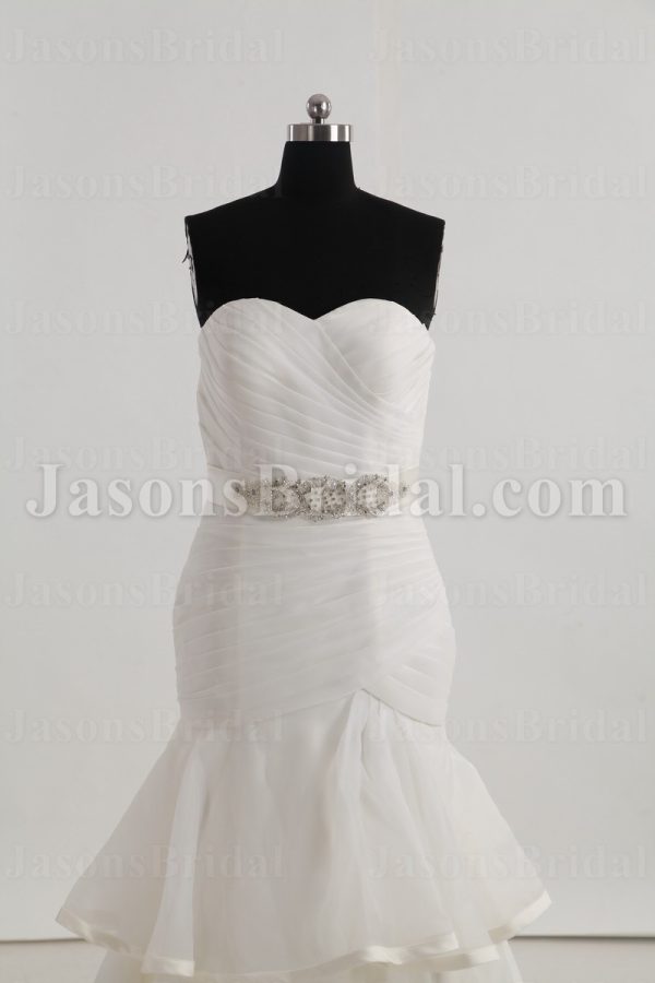 Fit-and-Flare Sweetheart Ruched Asymmetrical Pleated Jeweled Ribbon Layered Sweep Train Tulle Wedding Dresses