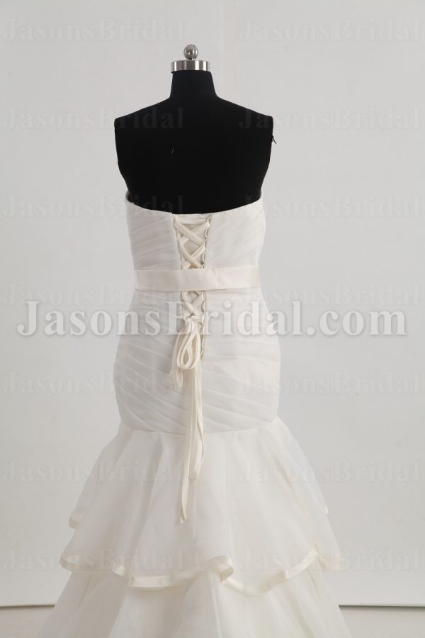 Fit-and-Flare Sweetheart Ruched Asymmetrical Pleated Jeweled Ribbon Layered Sweep Train Tulle Wedding Dresses
