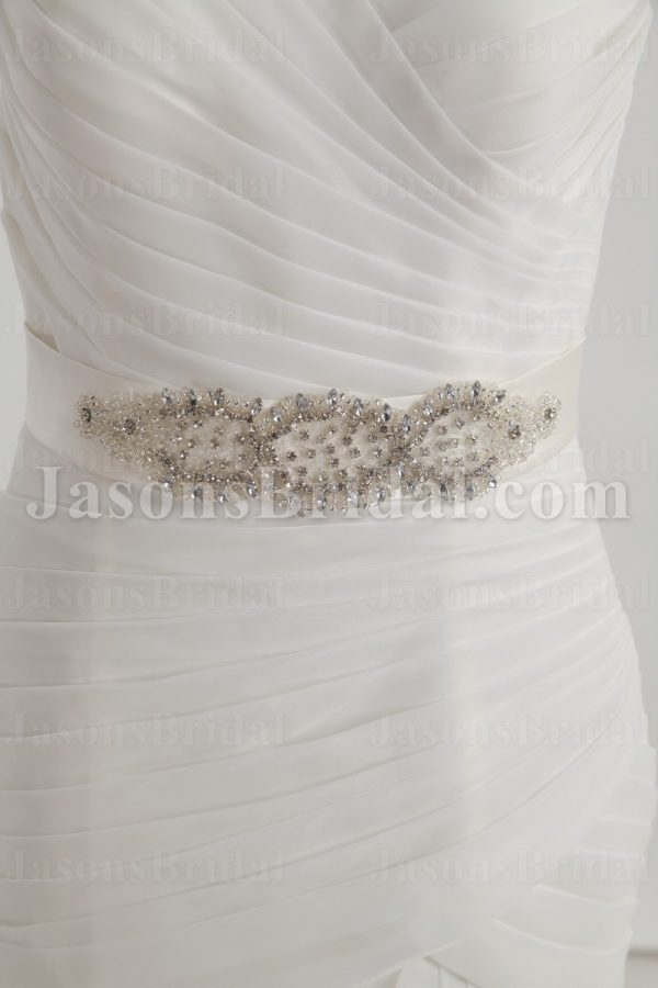Fit-and-Flare Sweetheart Ruched Asymmetrical Pleated Jeweled Ribbon Layered Sweep Train Tulle Wedding Dresses