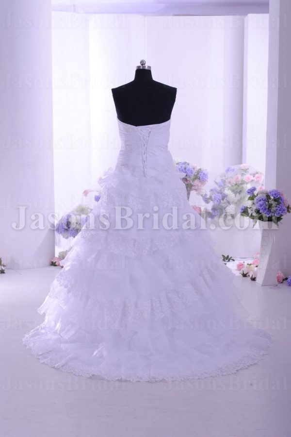 A-line Sweetheart Beaded Appliques Ruched Belts Sweep Train Tiered Organza Lace Wedding Dresses