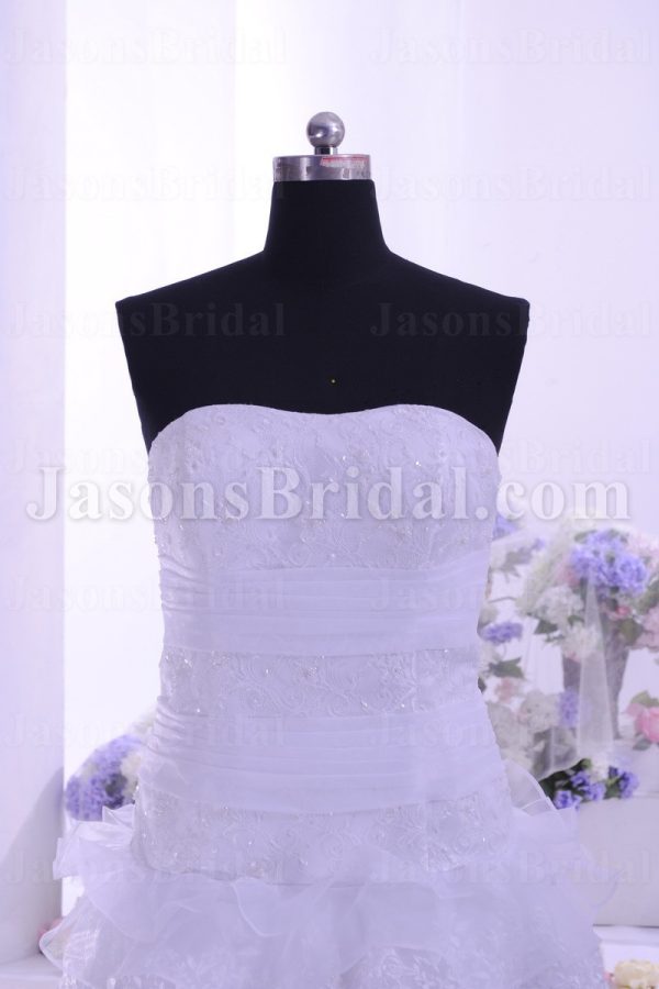 A-line Sweetheart Beaded Appliques Ruched Belts Sweep Train Tiered Organza Lace Wedding Dresses