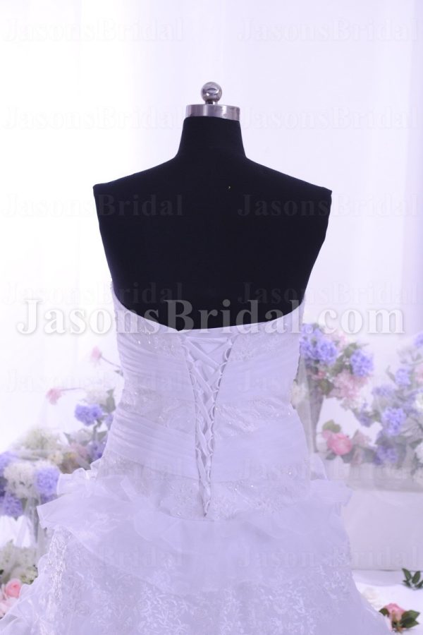 A-line Sweetheart Beaded Appliques Ruched Belts Sweep Train Tiered Organza Lace Wedding Dresses