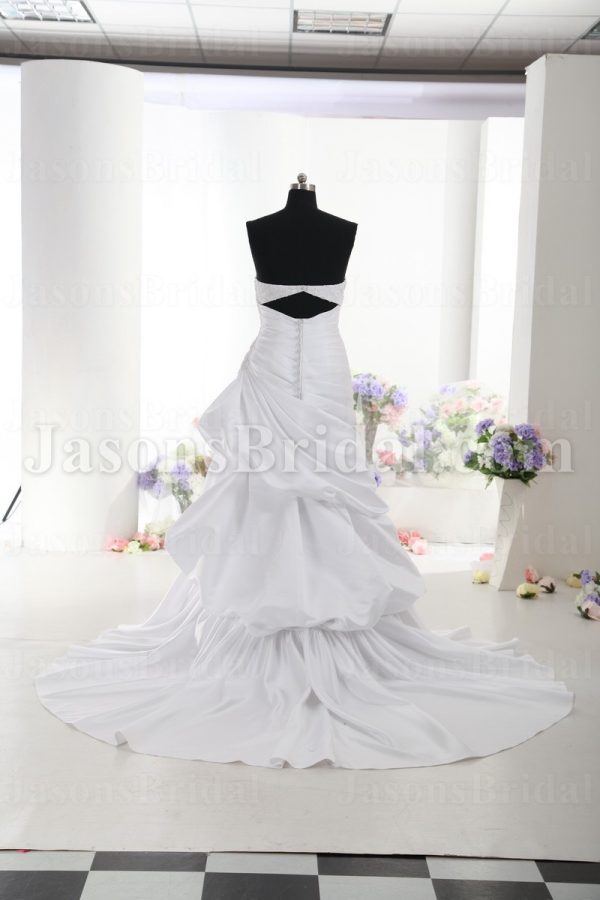 A-line Sweetheart Beaded Appliques Asymmetrical Pleated Bustled Chapel Train Satin Wedding Dresses