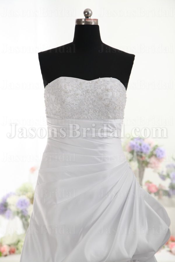 A-line Sweetheart Beaded Appliques Asymmetrical Pleated Bustled Chapel Train Satin Wedding Dresses