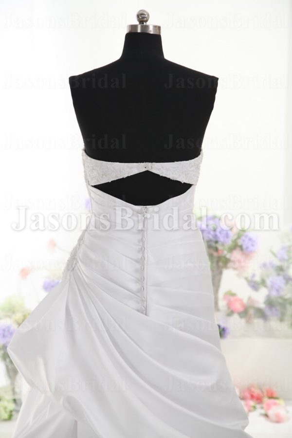 A-line Sweetheart Beaded Appliques Asymmetrical Pleated Bustled Chapel Train Satin Wedding Dresses