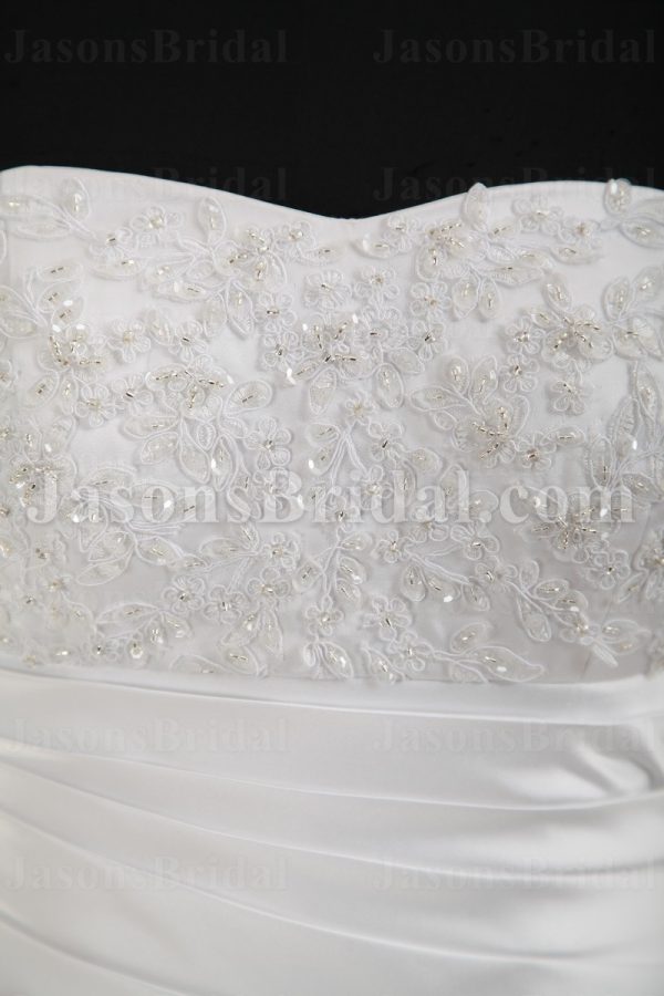 A-line Sweetheart Beaded Appliques Asymmetrical Pleated Bustled Chapel Train Satin Wedding Dresses