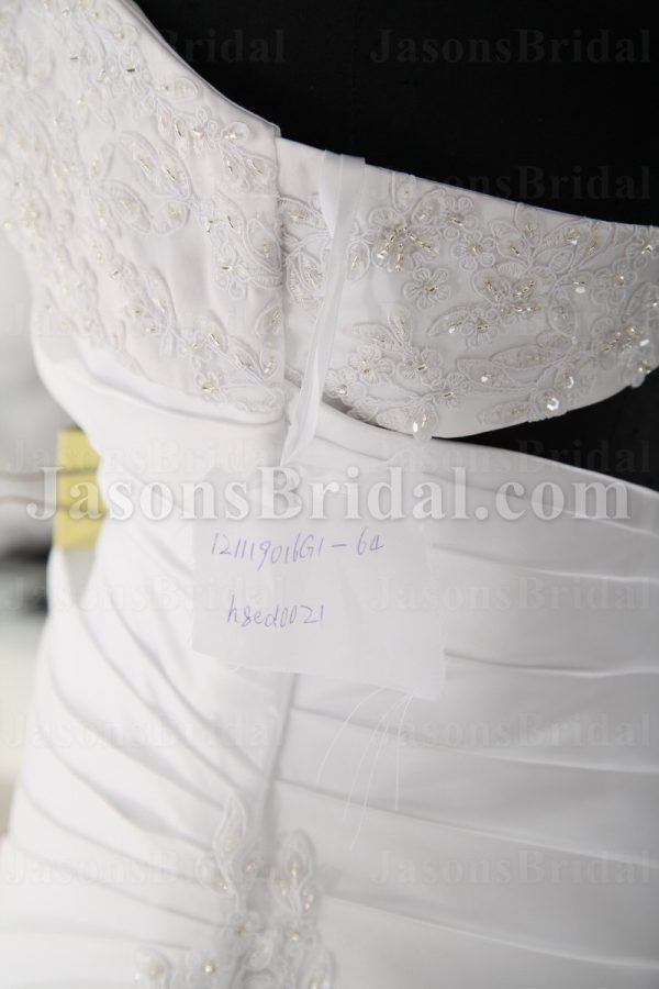 A-line Sweetheart Beaded Appliques Asymmetrical Pleated Bustled Chapel Train Satin Wedding Dresses