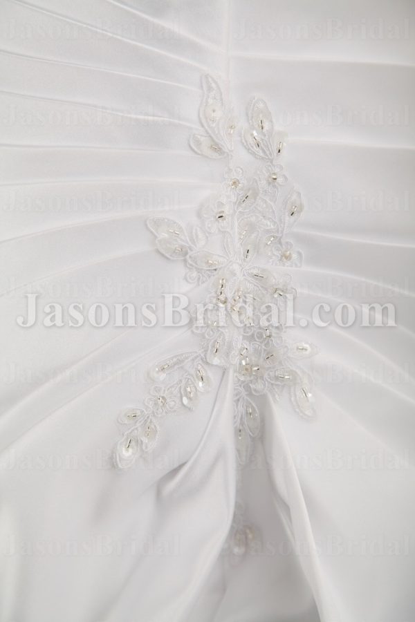 A-line Sweetheart Beaded Appliques Asymmetrical Pleated Bustled Chapel Train Satin Wedding Dresses