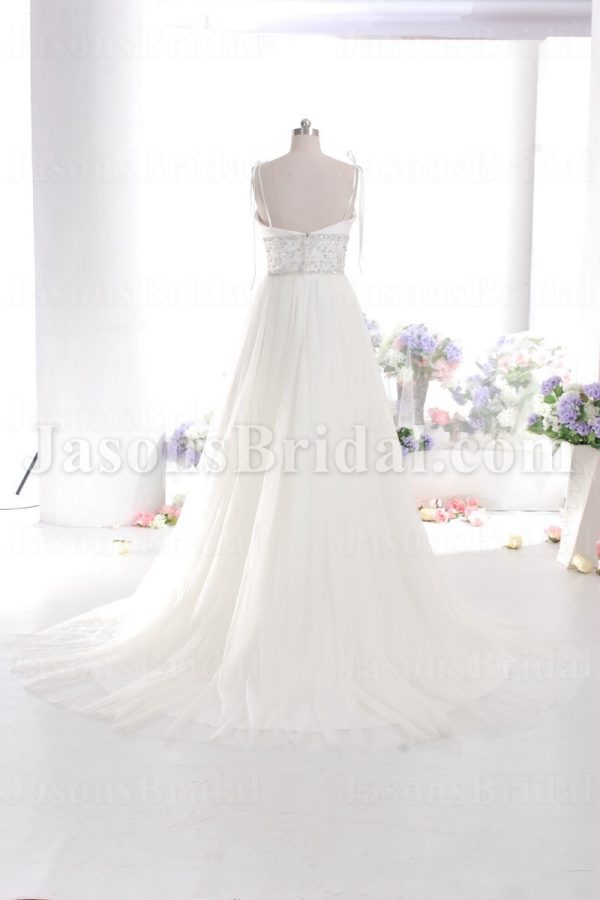 Empire A-line Spaghetti Sweetheart Jeweled Embellished Flowers Sweep Train Tulle Wedding Dresses