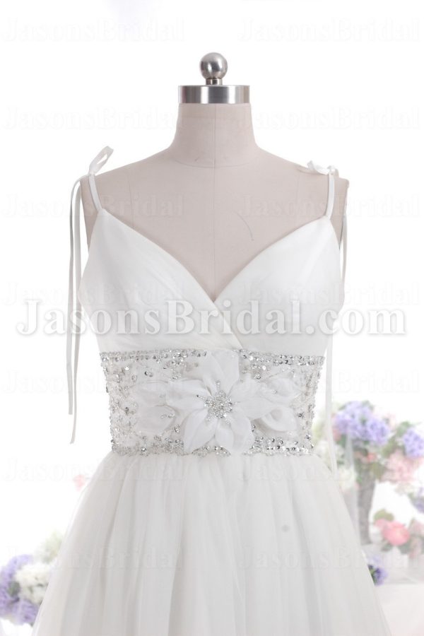 Empire A-line Spaghetti Sweetheart Jeweled Embellished Flowers Sweep Train Tulle Wedding Dresses