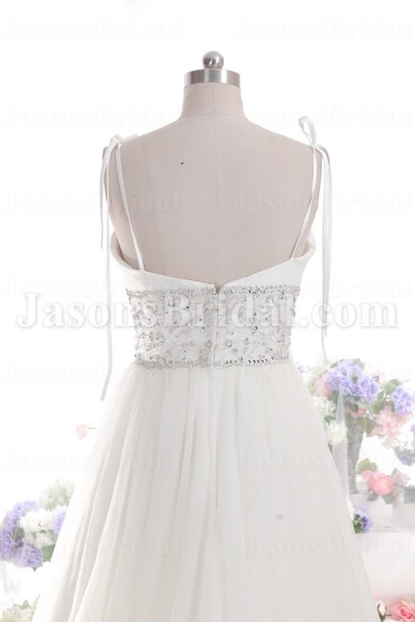 Empire A-line Spaghetti Sweetheart Jeweled Embellished Flowers Sweep Train Tulle Wedding Dresses