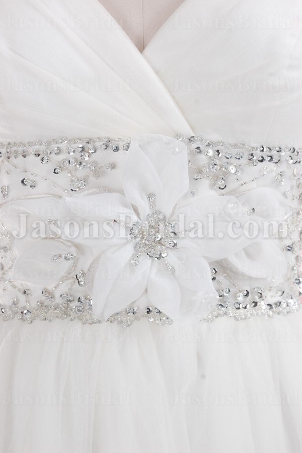 Empire A-line Spaghetti Sweetheart Jeweled Embellished Flowers Sweep Train Tulle Wedding Dresses