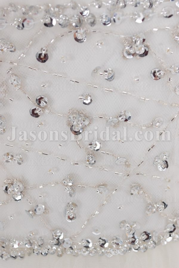 Empire A-line Spaghetti Sweetheart Jeweled Embellished Flowers Sweep Train Tulle Wedding Dresses