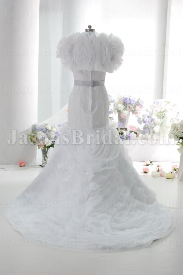 Mermaid Sweetheart Sweetheart Allover Lace Jeweled Belt Layered Wave Chapel Train Organza Wedding Dresses with Bolero