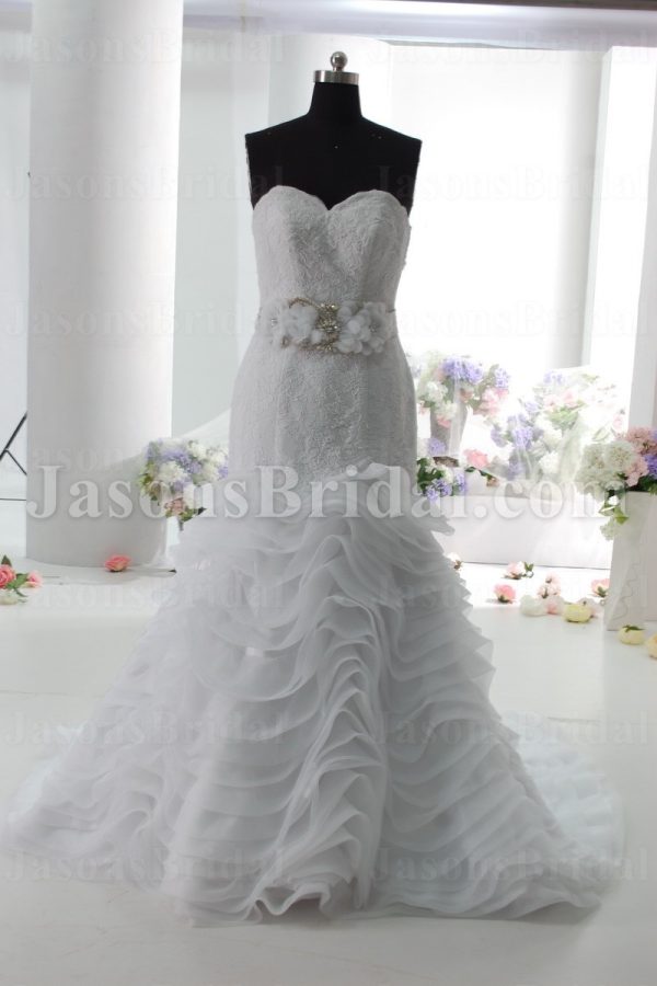 Mermaid Sweetheart Sweetheart Allover Lace Jeweled Belt Layered Wave Chapel Train Organza Wedding Dresses with Bolero