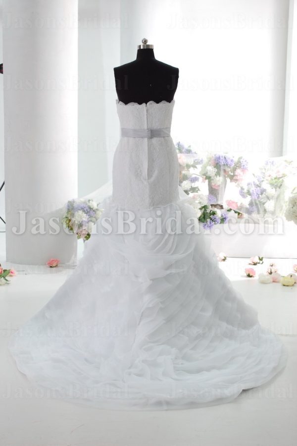 Mermaid Sweetheart Sweetheart Allover Lace Jeweled Belt Layered Wave Chapel Train Organza Wedding Dresses with Bolero
