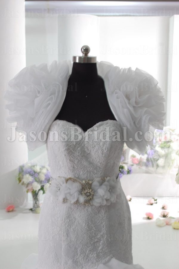 Mermaid Sweetheart Sweetheart Allover Lace Jeweled Belt Layered Wave Chapel Train Organza Wedding Dresses with Bolero
