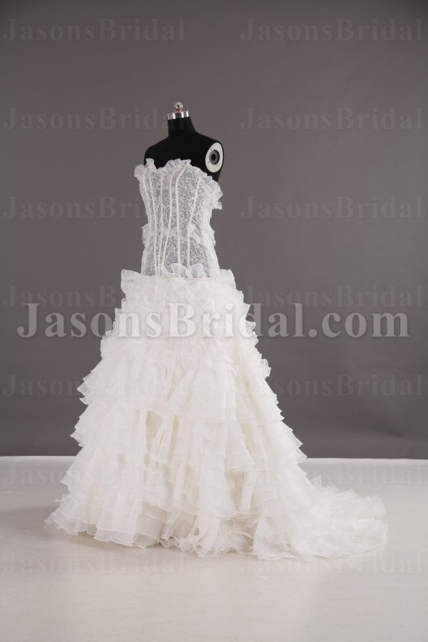 Fit-and-Flare Frilled Sweetheart Beaded Sheer Bodice Sweep Train Tiered Ruffled Organza Wedding Dresses