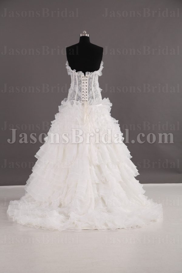 Fit-and-Flare Frilled Sweetheart Beaded Sheer Bodice Sweep Train Tiered Ruffled Organza Wedding Dresses