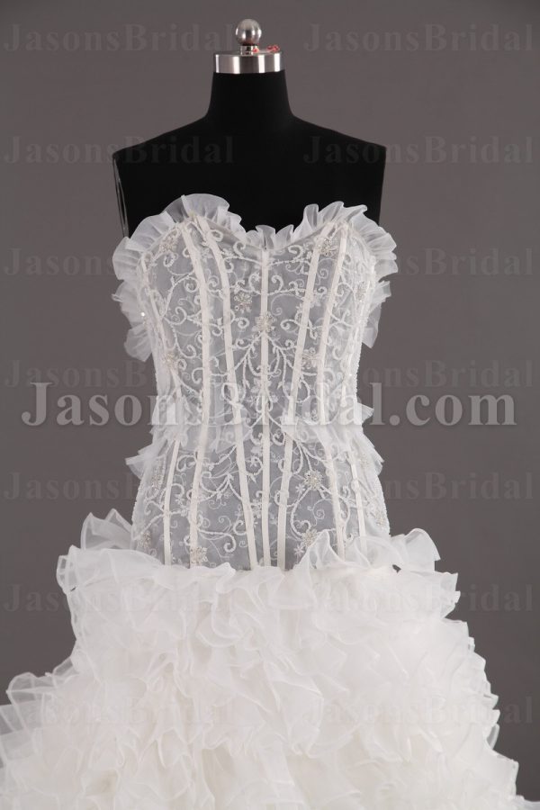 Fit-and-Flare Frilled Sweetheart Beaded Sheer Bodice Sweep Train Tiered Ruffled Organza Wedding Dresses