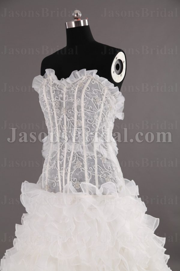 Fit-and-Flare Frilled Sweetheart Beaded Sheer Bodice Sweep Train Tiered Ruffled Organza Wedding Dresses
