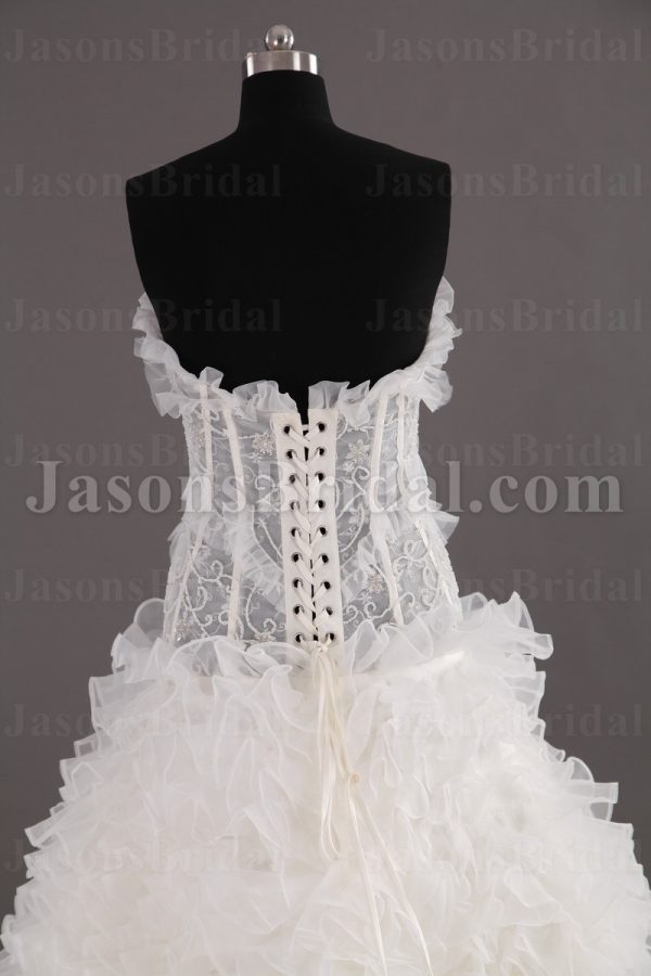 Fit-and-Flare Frilled Sweetheart Beaded Sheer Bodice Sweep Train Tiered Ruffled Organza Wedding Dresses