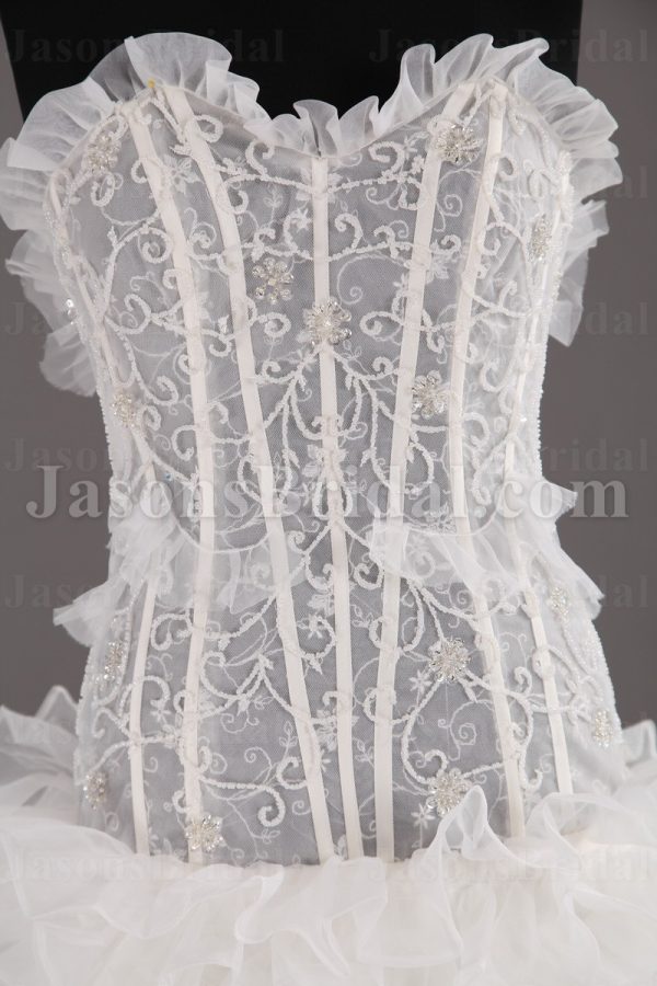 Fit-and-Flare Frilled Sweetheart Beaded Sheer Bodice Sweep Train Tiered Ruffled Organza Wedding Dresses