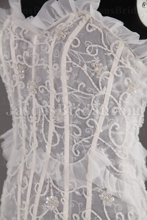 Fit-and-Flare Frilled Sweetheart Beaded Sheer Bodice Sweep Train Tiered Ruffled Organza Wedding Dresses