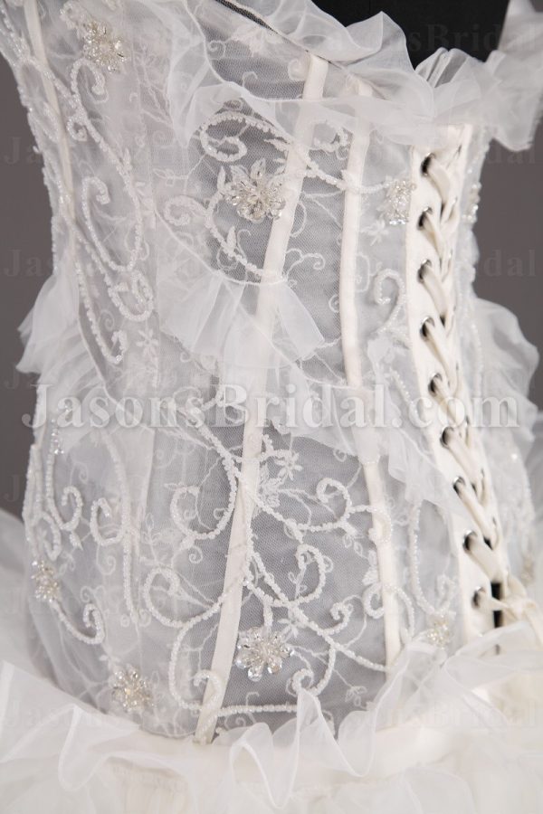Fit-and-Flare Frilled Sweetheart Beaded Sheer Bodice Sweep Train Tiered Ruffled Organza Wedding Dresses