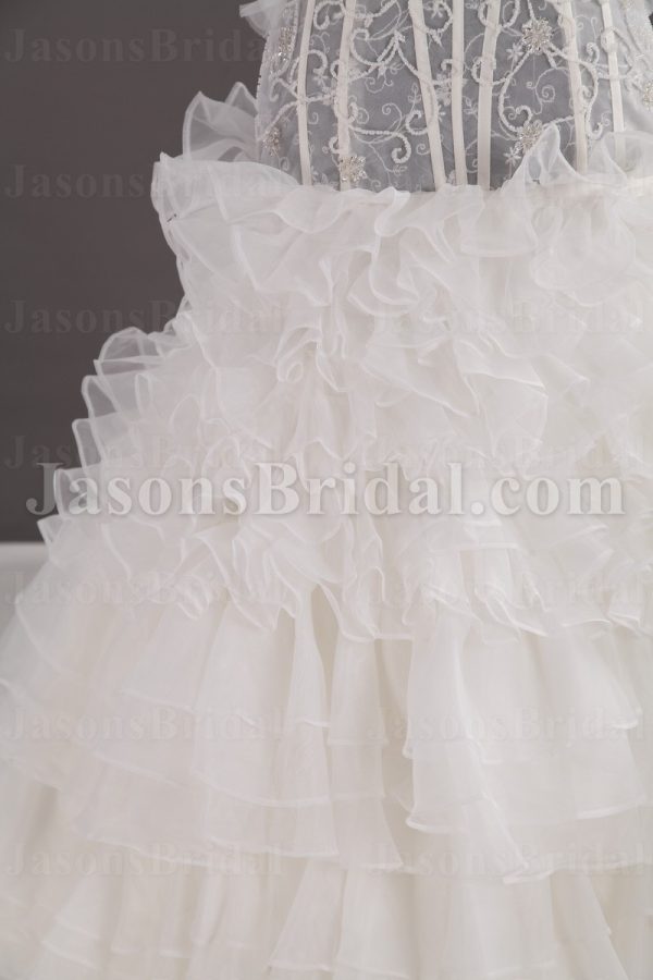 Fit-and-Flare Frilled Sweetheart Beaded Sheer Bodice Sweep Train Tiered Ruffled Organza Wedding Dresses