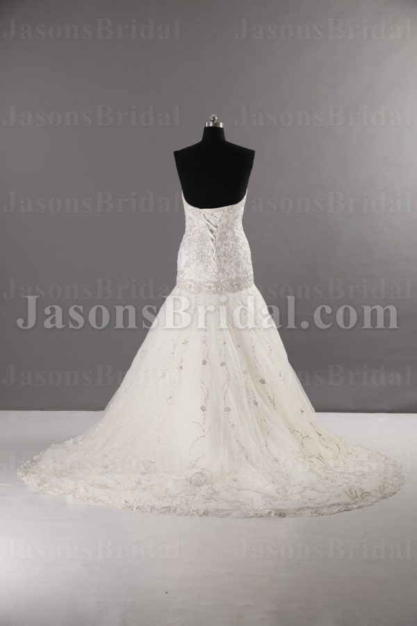 Glamorous Trumpet Sweetheart Allover Beaded Embroidered Corset Sweep Train Tulle Wedding Dresses